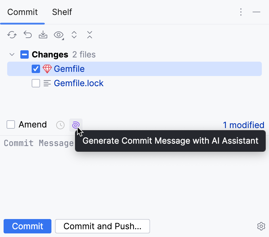 RubyMine: AI Assistant generates commit messages