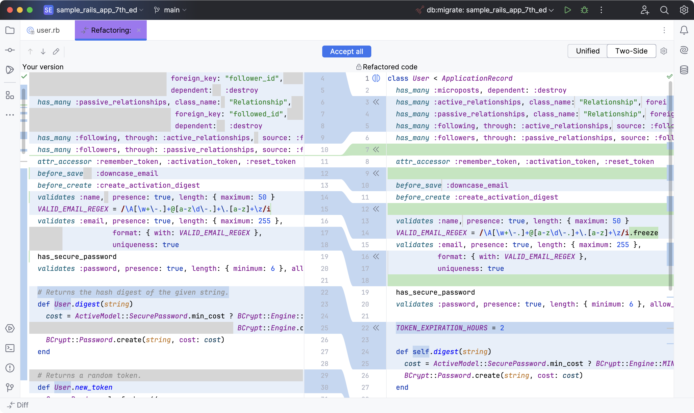 Diff tab with refactored code