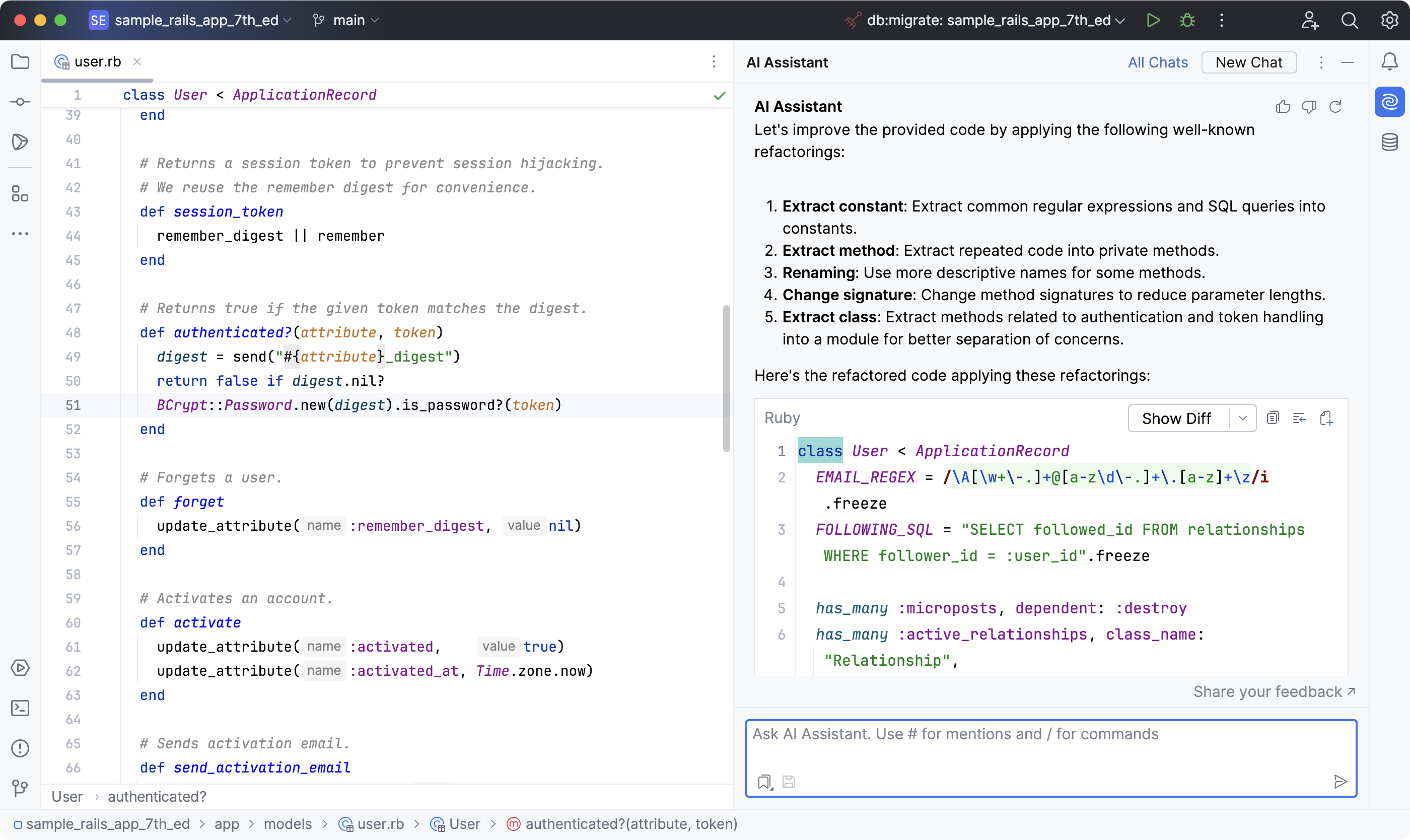 RubyMine: AI Assistant suggests refactoring