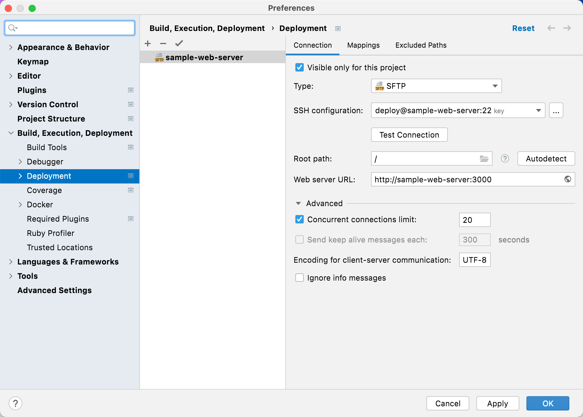 Deployment configuration: Connection tab