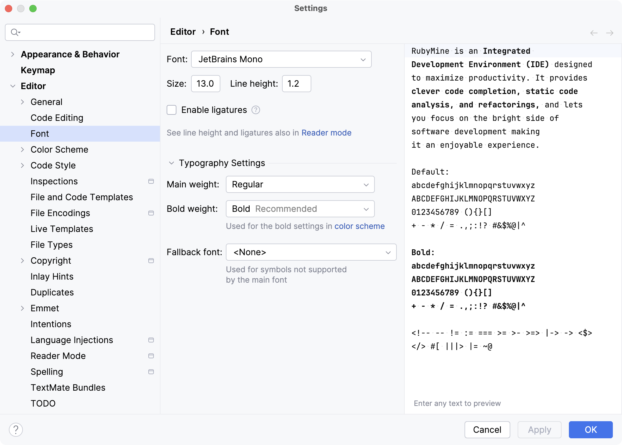 The Font settings page