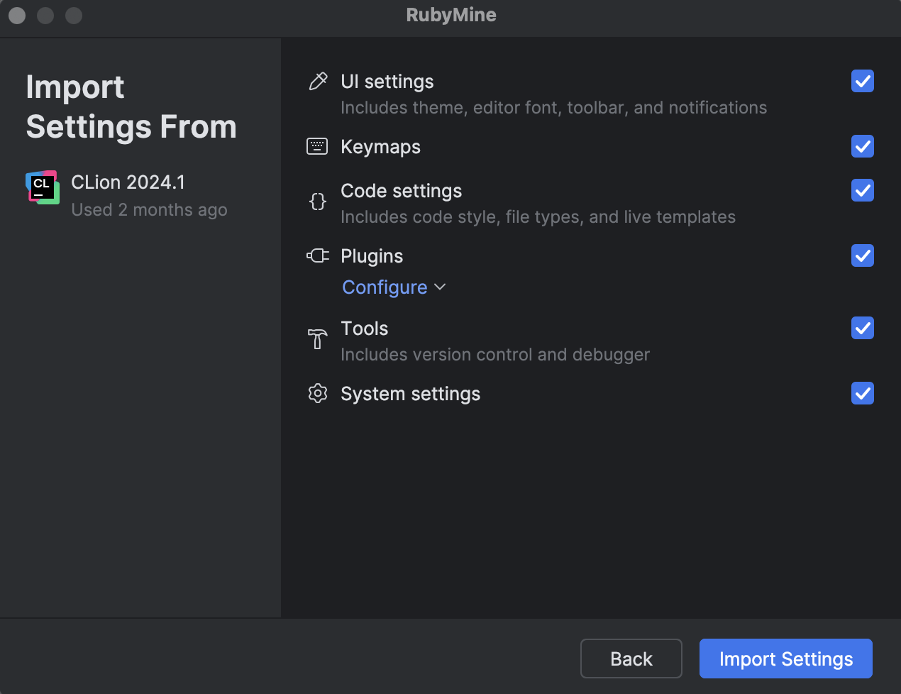 JetBrains IDE settings selection