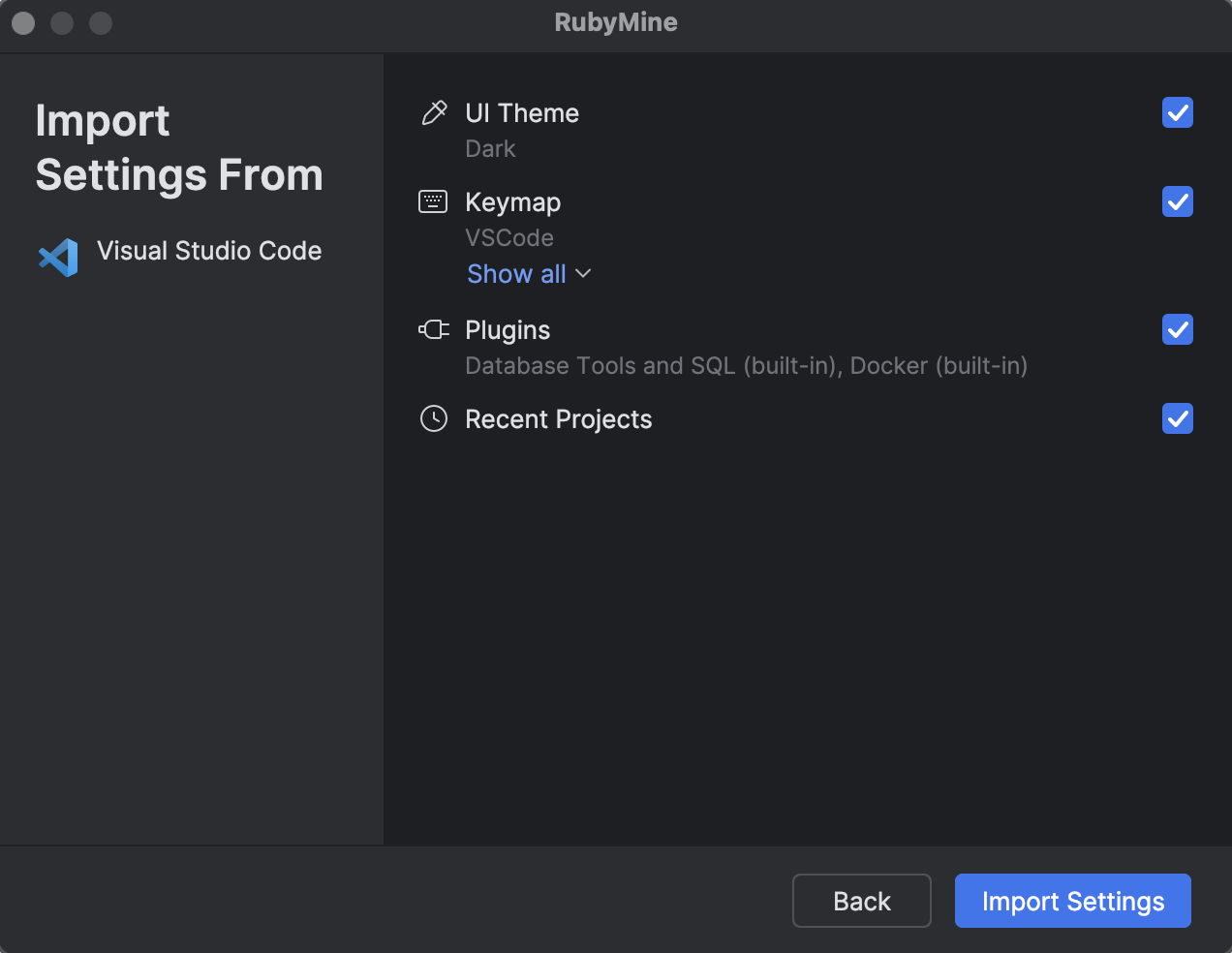 JetBrains IDE settings selection