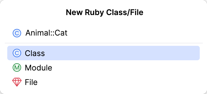 New Ruby File/Class dialog