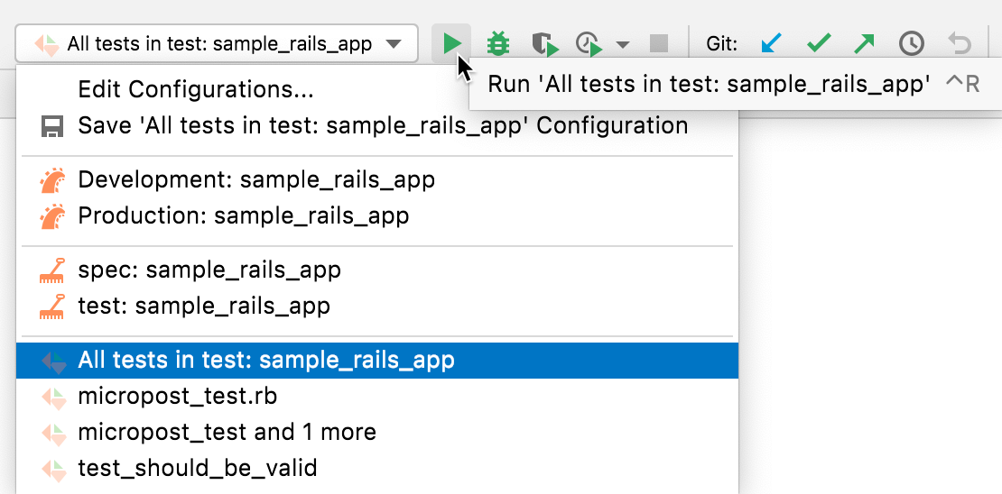 Running a run/debug configuration for tests