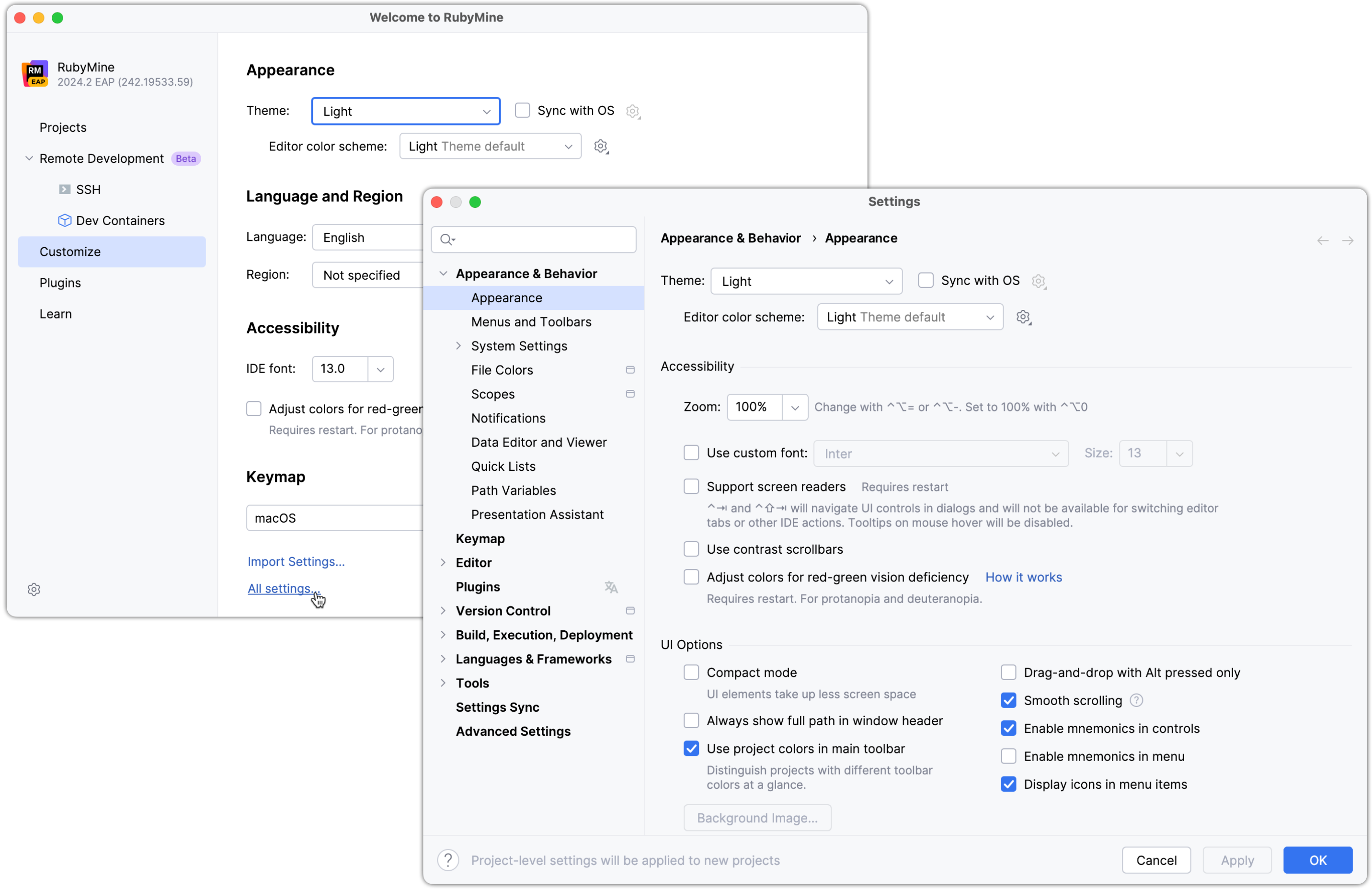 Configuring new default settings for projects