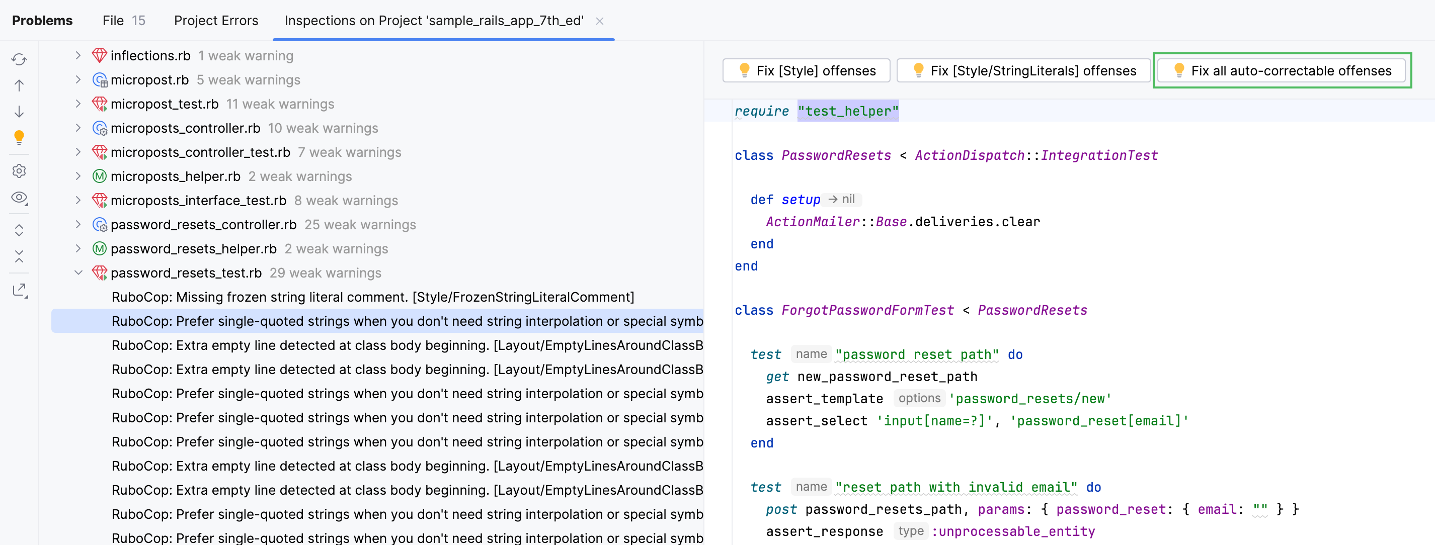 RuboCop inspection results