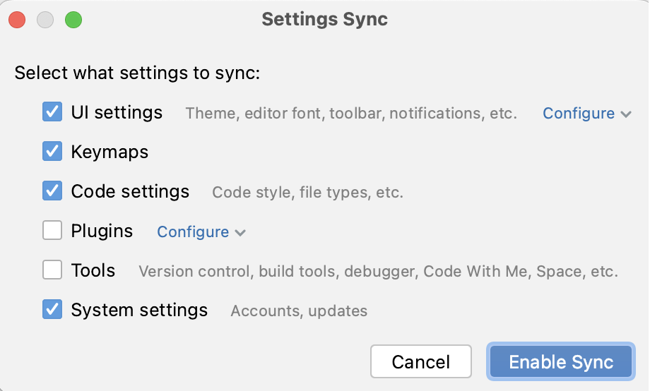 The Settings Sync window