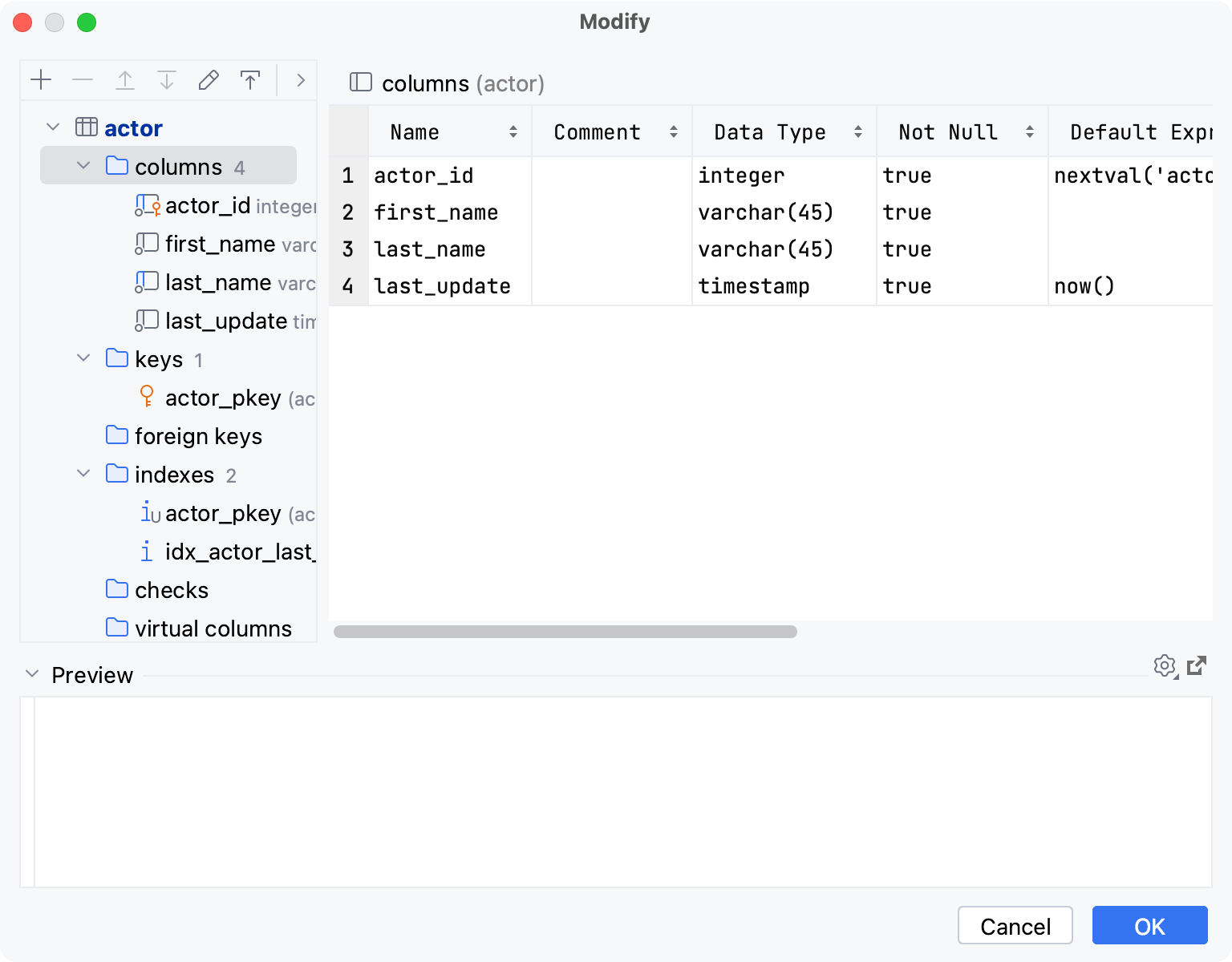 Table with similar database objects in a family node of a Modify dialog