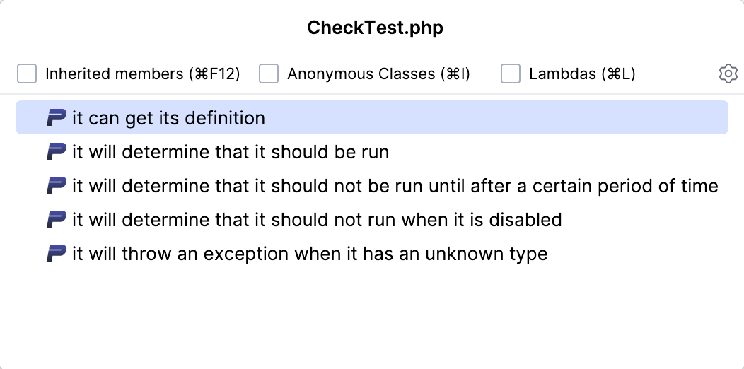 Test file structure popup