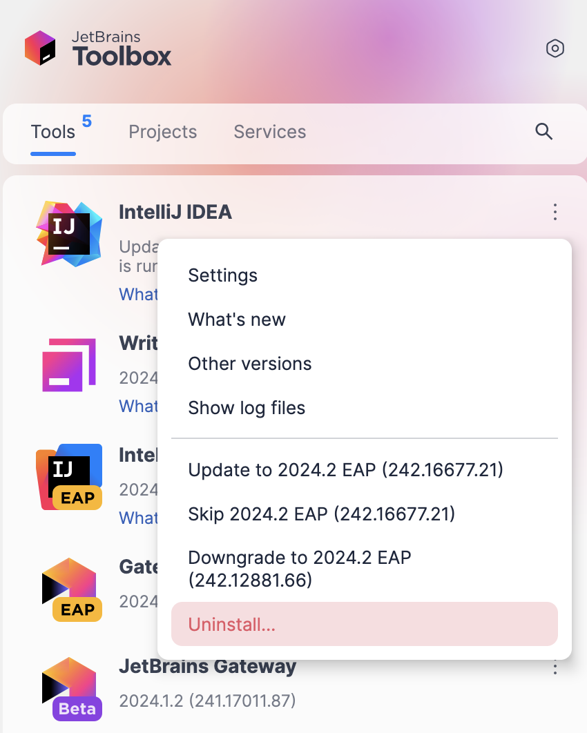 Uninstall IntelliJ IDEA using the Toolbox App