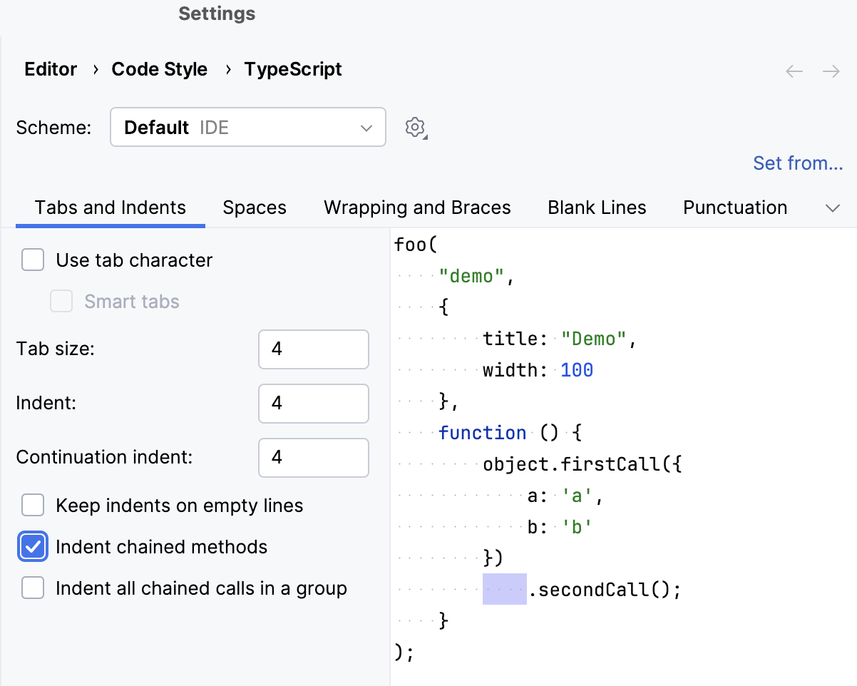 Indent all chained calls is off