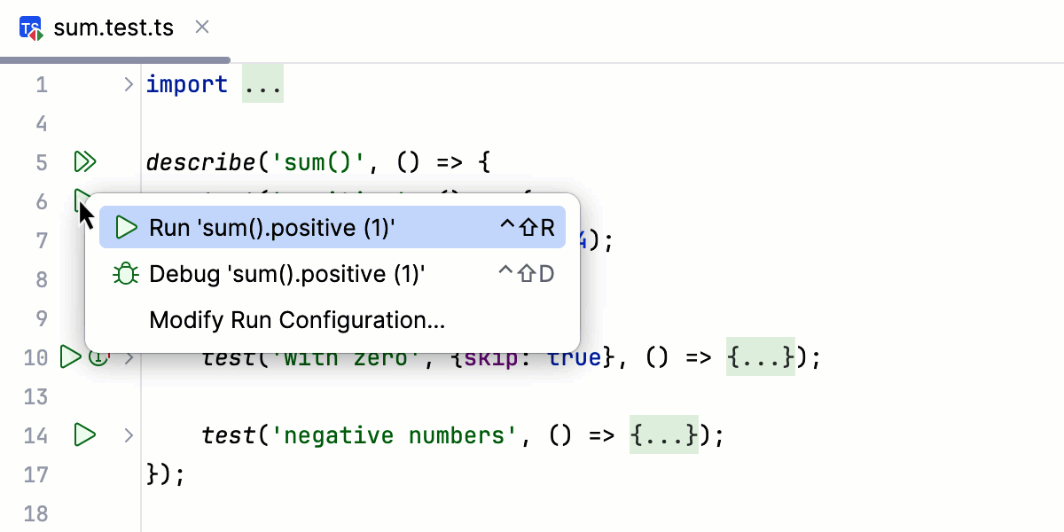 Run tests from the editor with Node.js built-in test runner