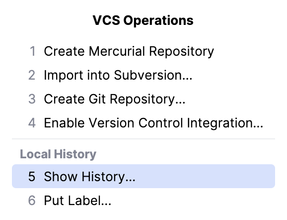 A list of available actions when a VCS is disabled