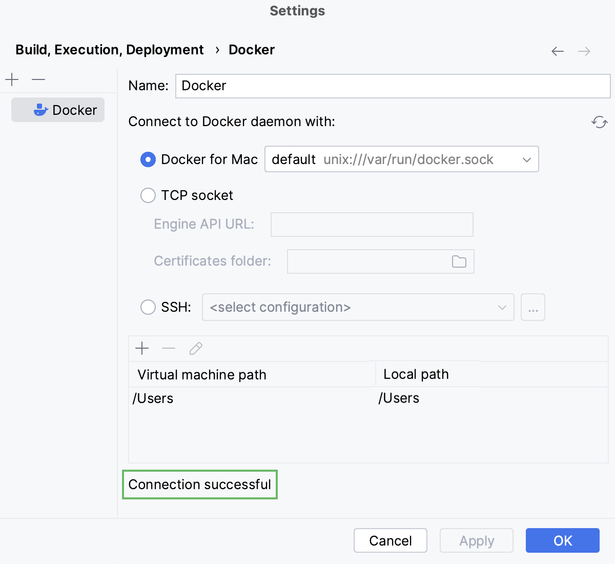 Docker connection settings