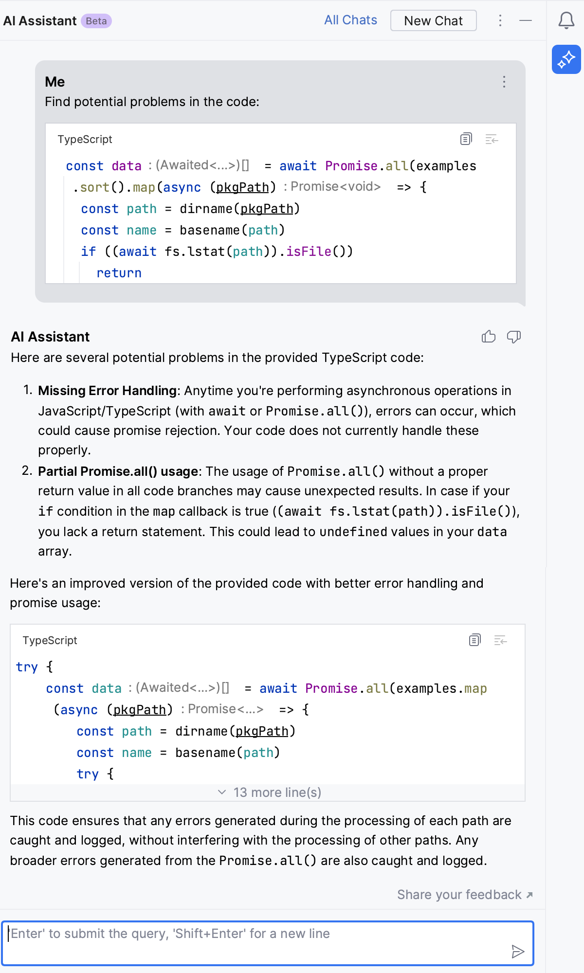 WebStorm: AI Assistant finds potential problems in the selected code