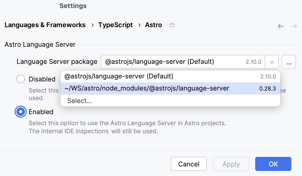 Specify the Astro package to use