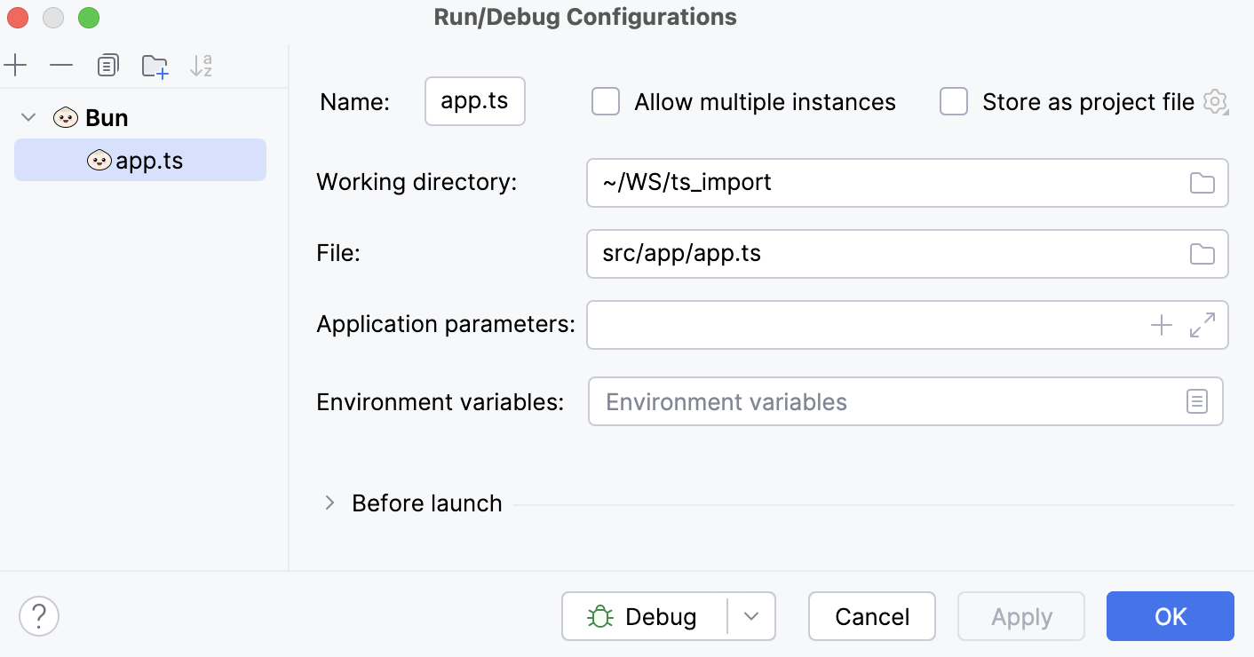 Run/debug configuration: Bun