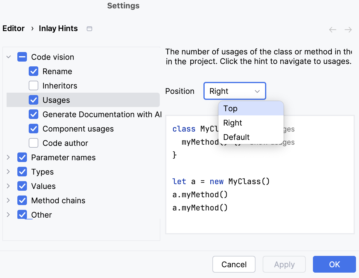 Configure position for inlay hints in the Settings dialog