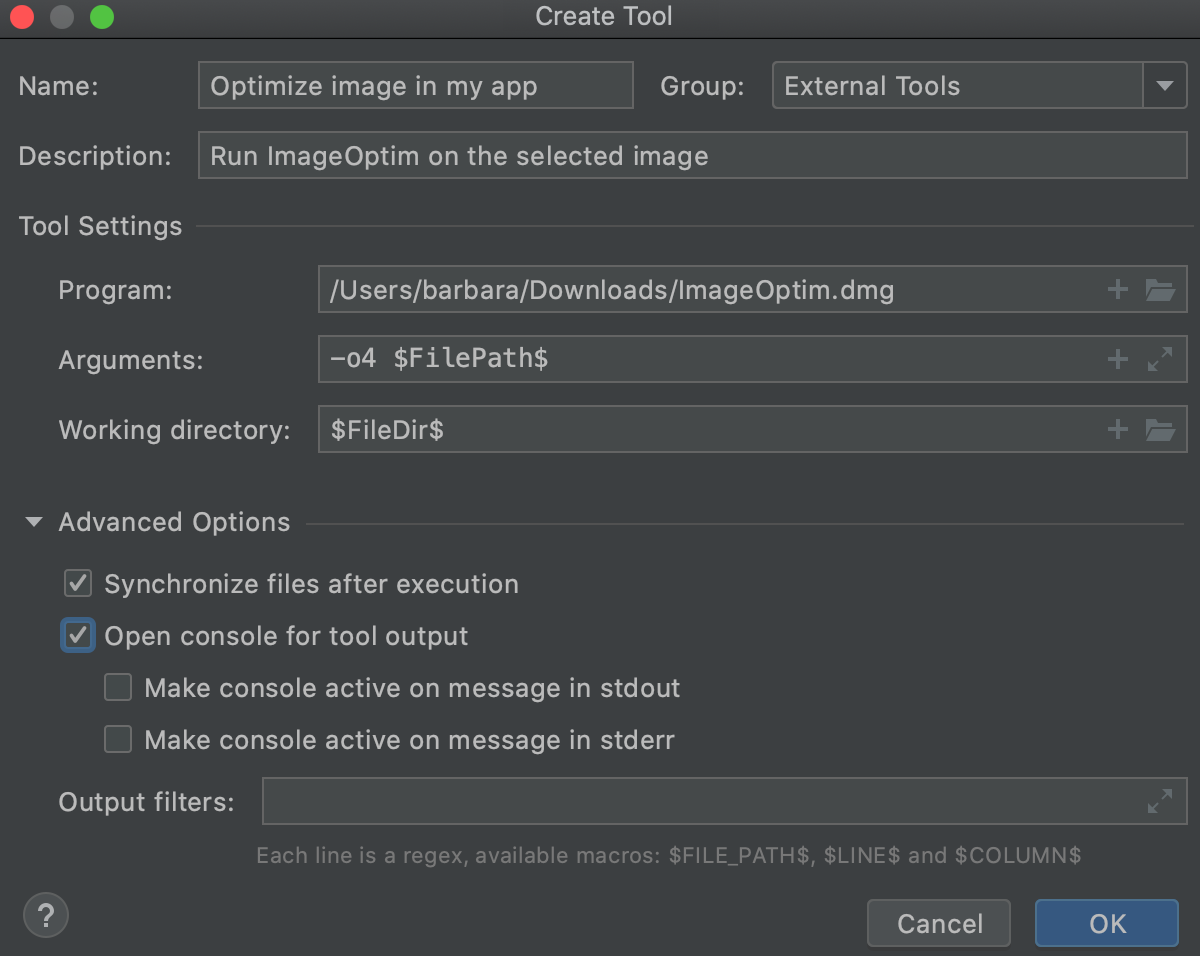 The Create Tool dialog