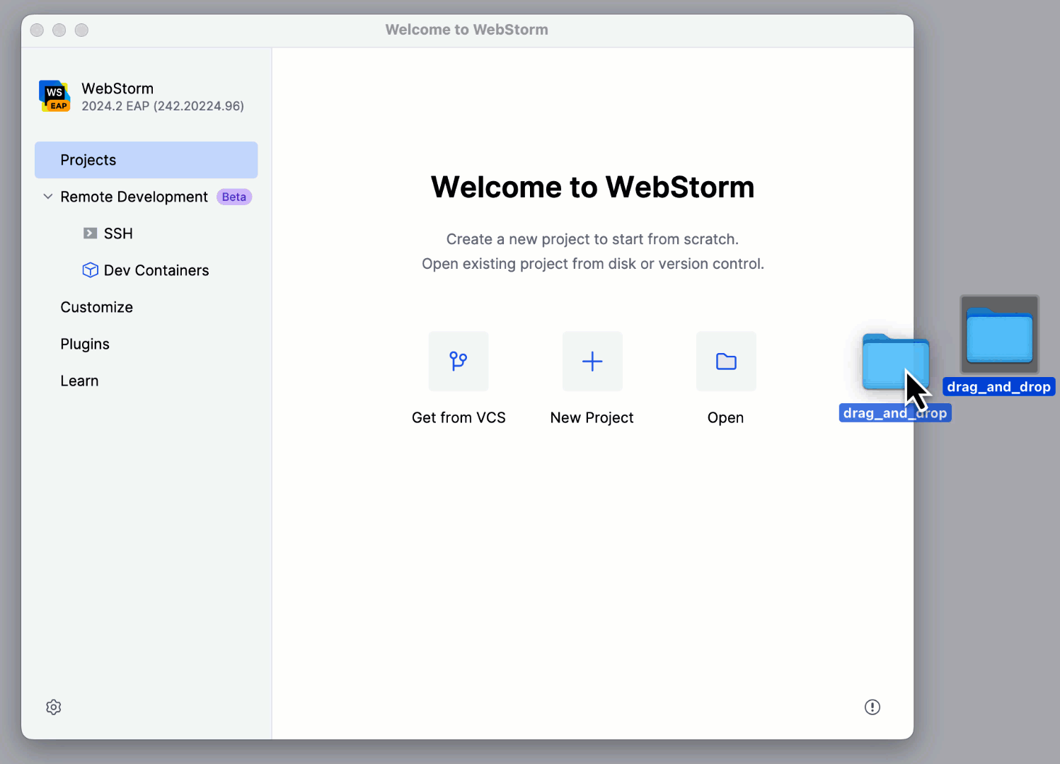 Creating a new WebStorm project by dragging a folder to the Welcome Screen