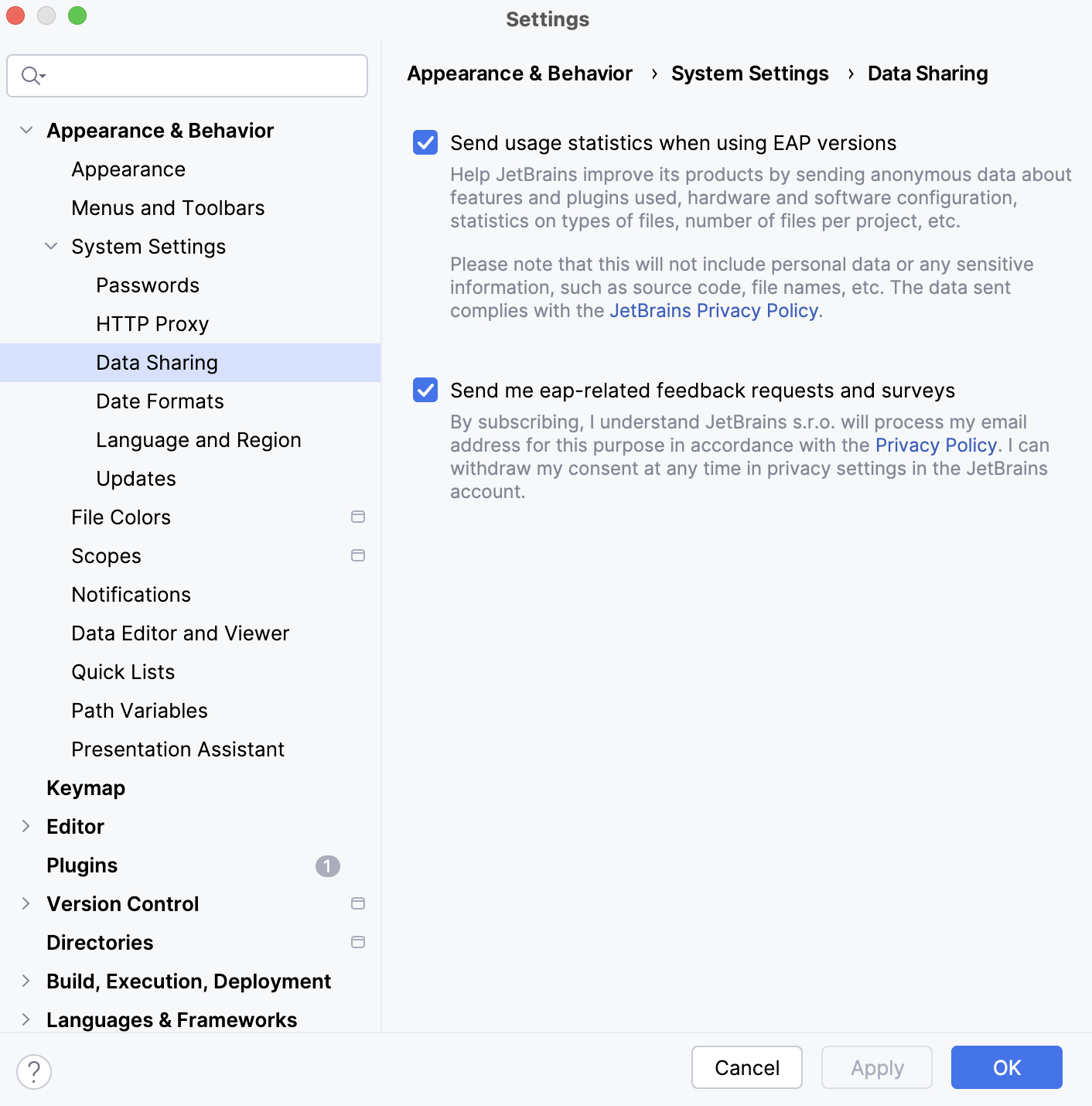 Data Sharing dialog in the EAP version