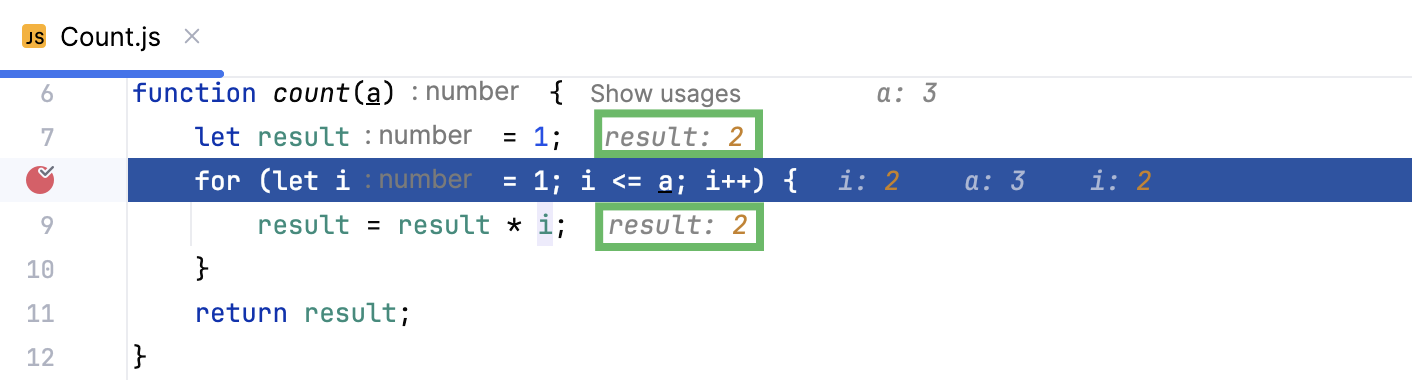 Inline values of the variables change with each step