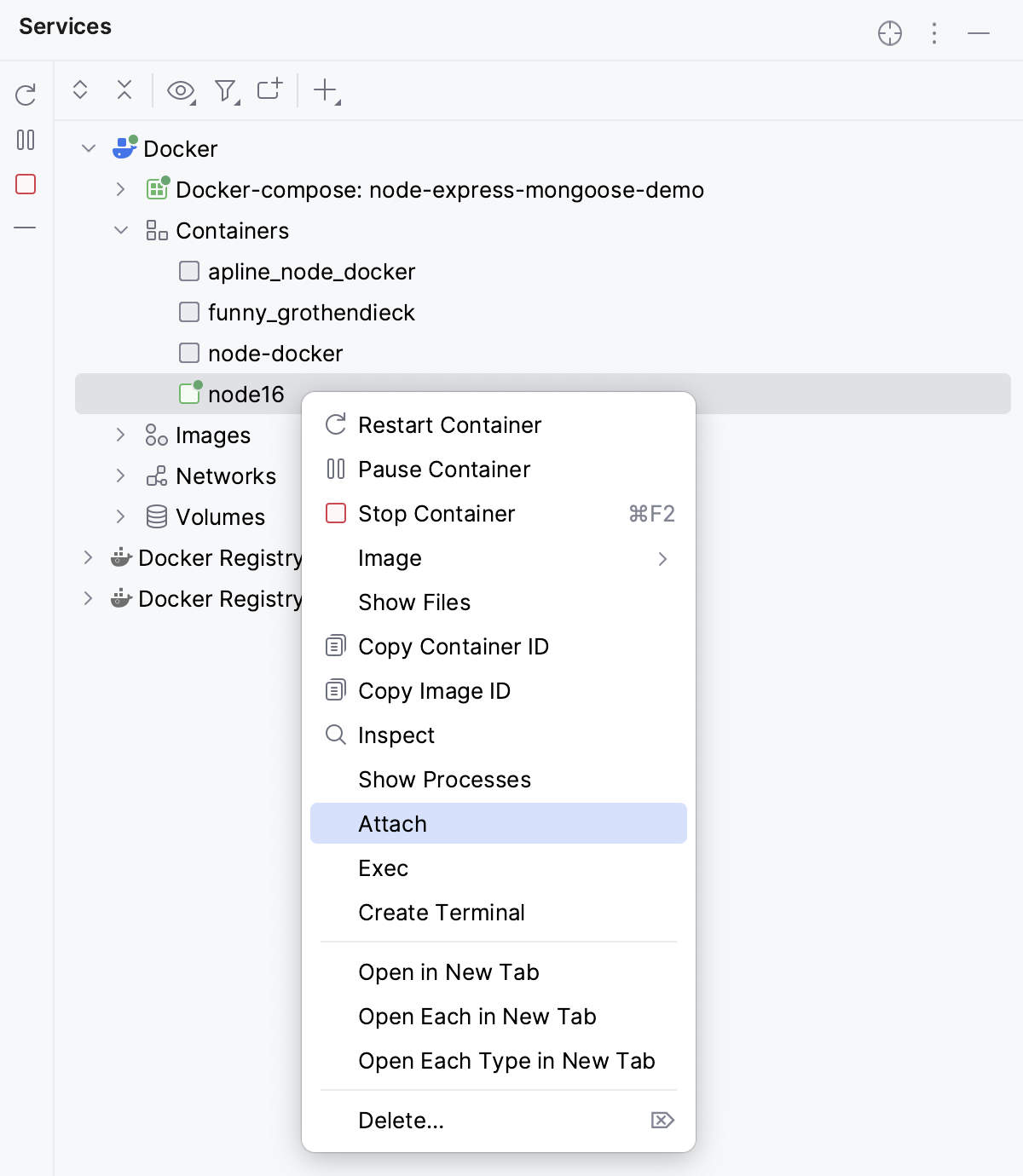 Attaching a console to a running container: context menu