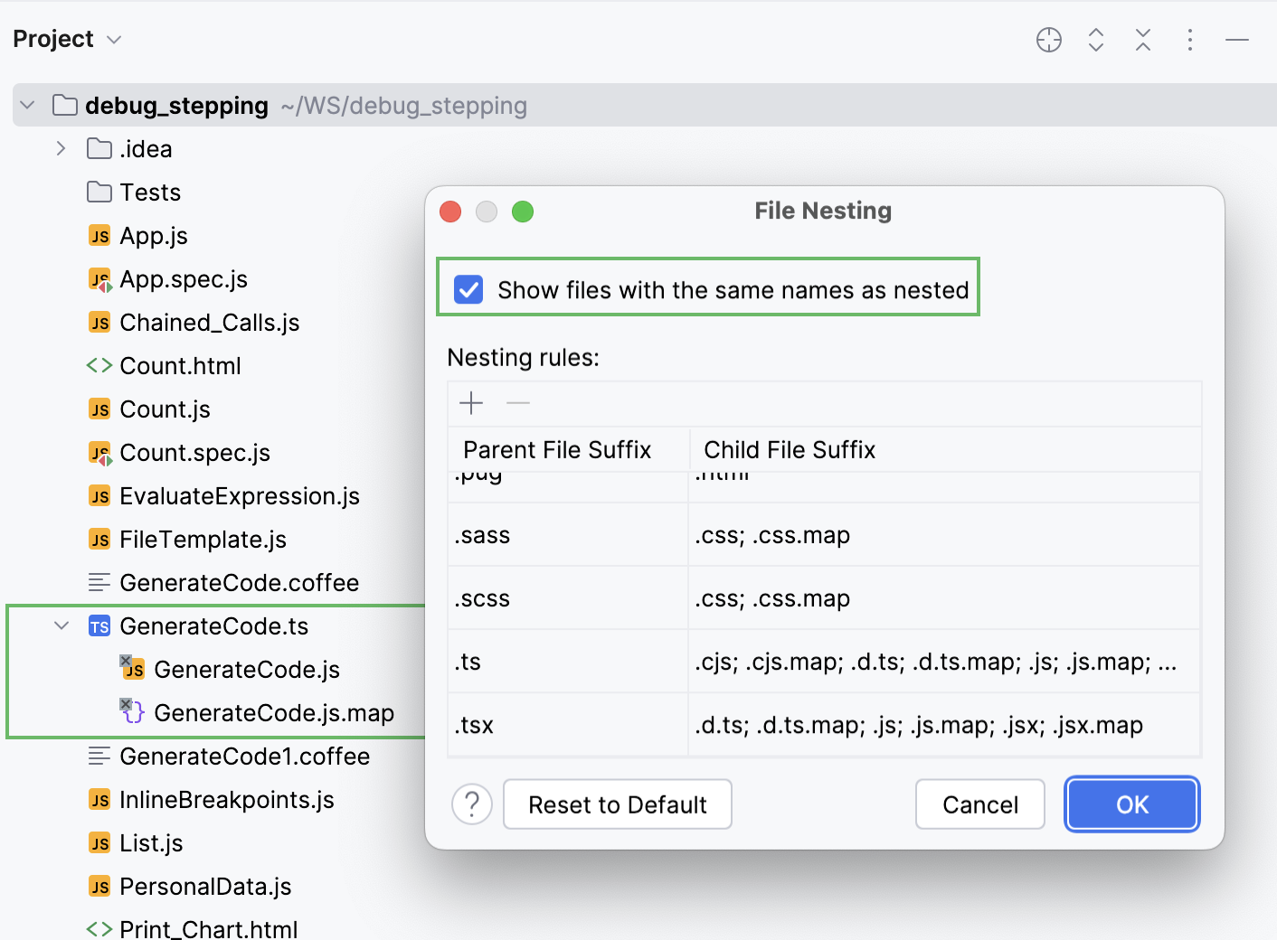 A typescript file with a compiled JavaScript file and a generated source map file are shown nested