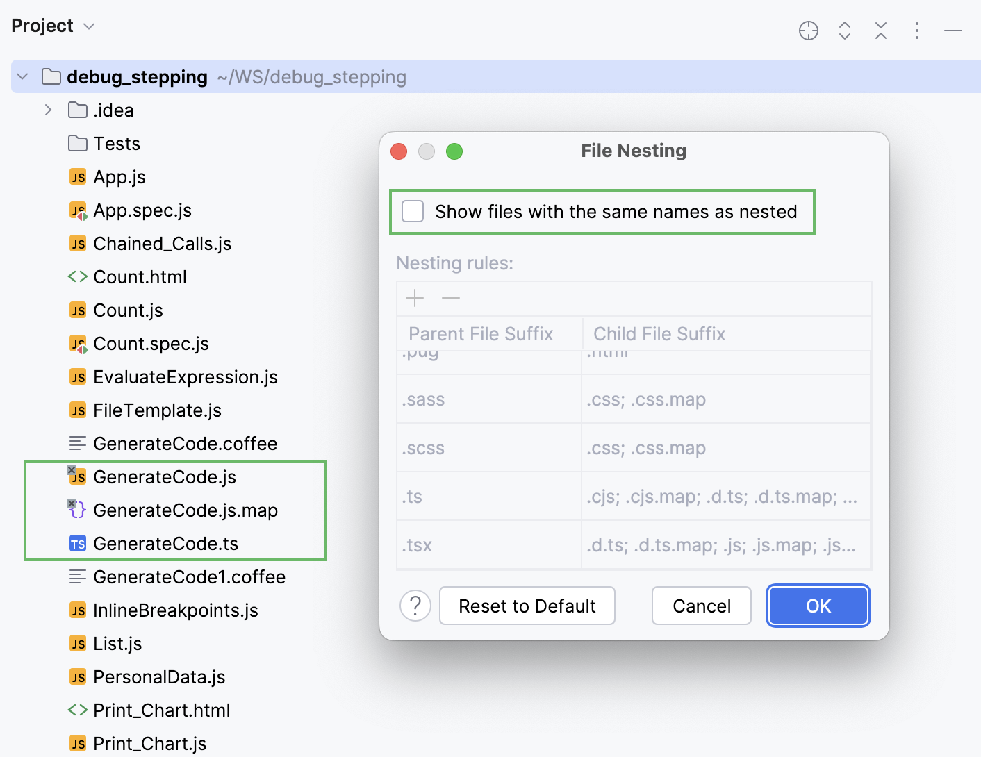 A typescript file with a compiled JavaScript file and a generated source map file are shown as plain structure