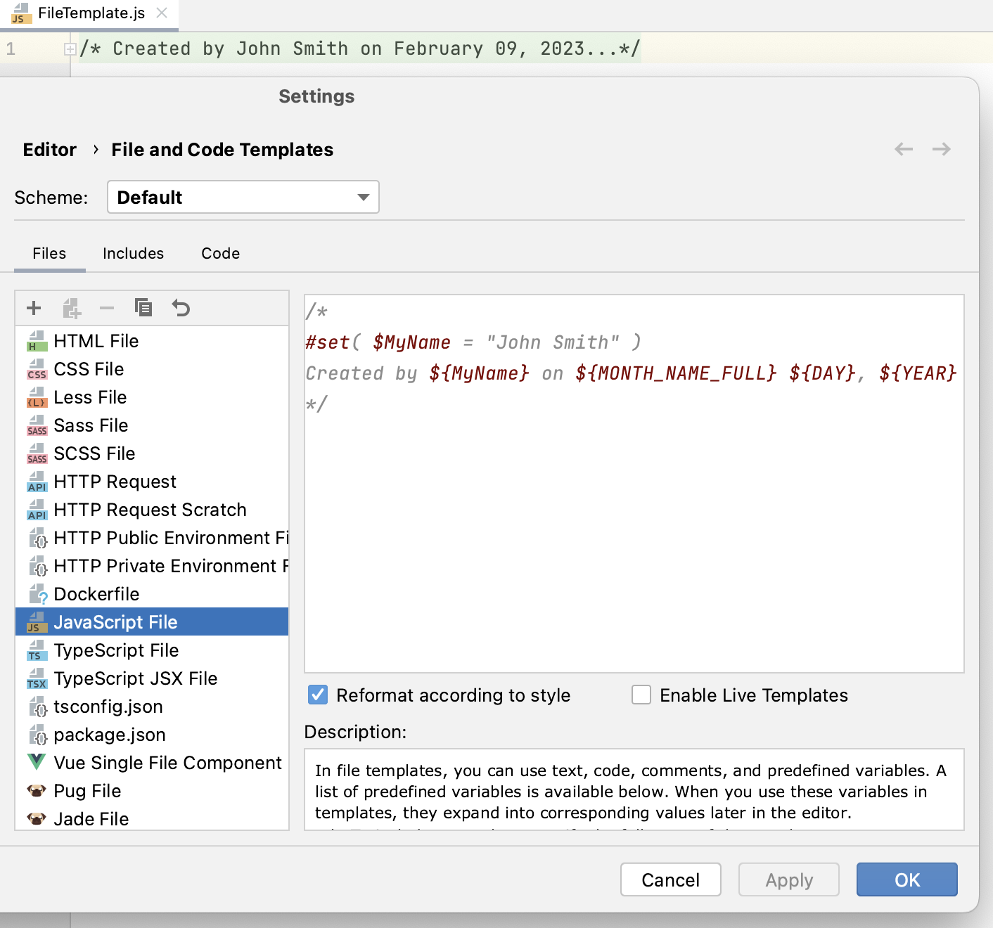 Custom file template variable