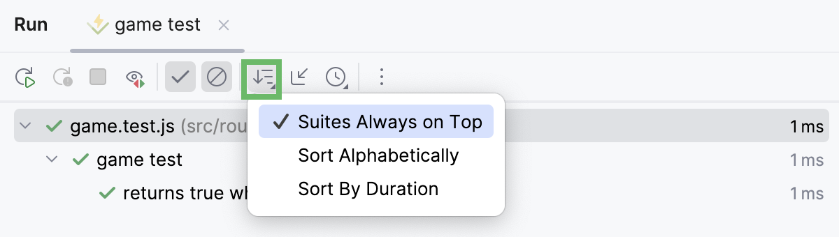 Filter test results options in the tests results toolbar Filter test results options in the tests results toolbar