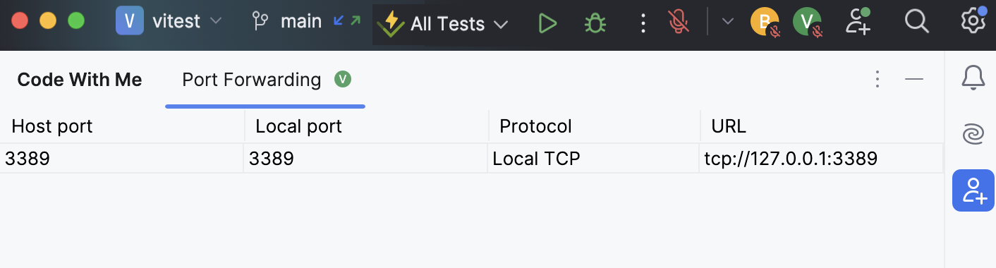 Code With Me tool window - Guest's side, forwarded ports