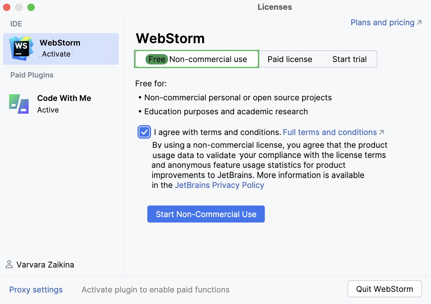 WebStorm: The Licenses dialog with the option to activate a free license