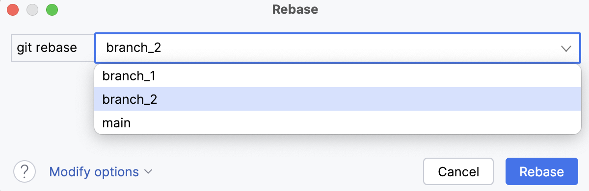 Choose target branch in the Git rebase dialog