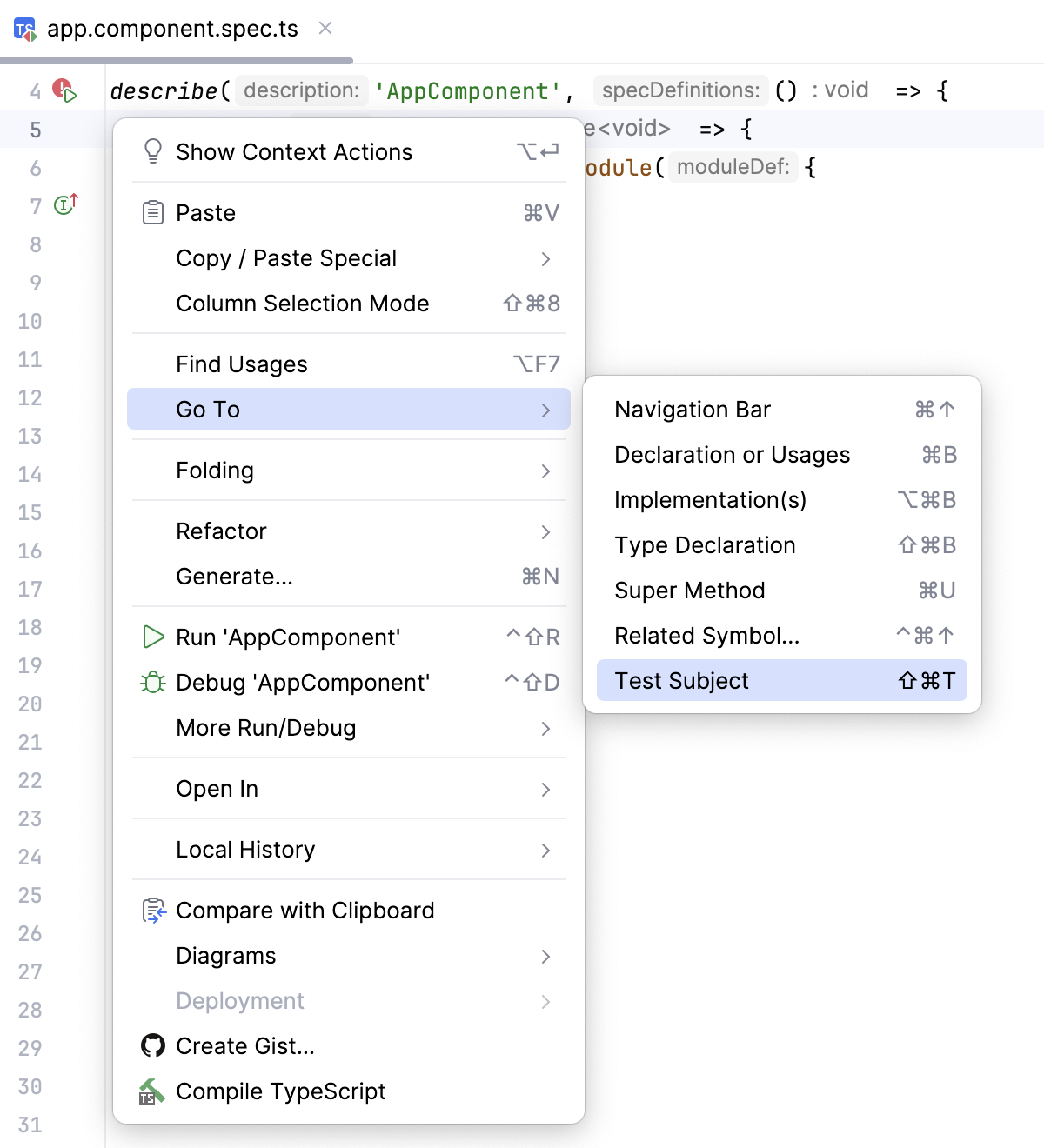 Navigate from a test to its subject