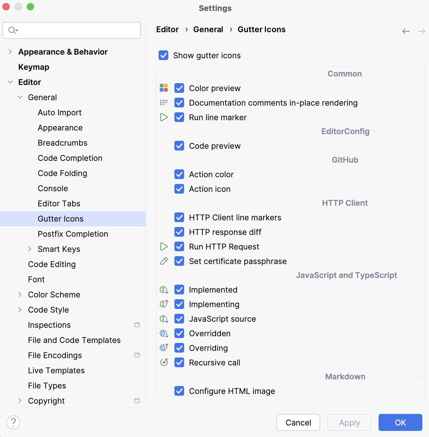 Gutter icons settings in the Settings dialog