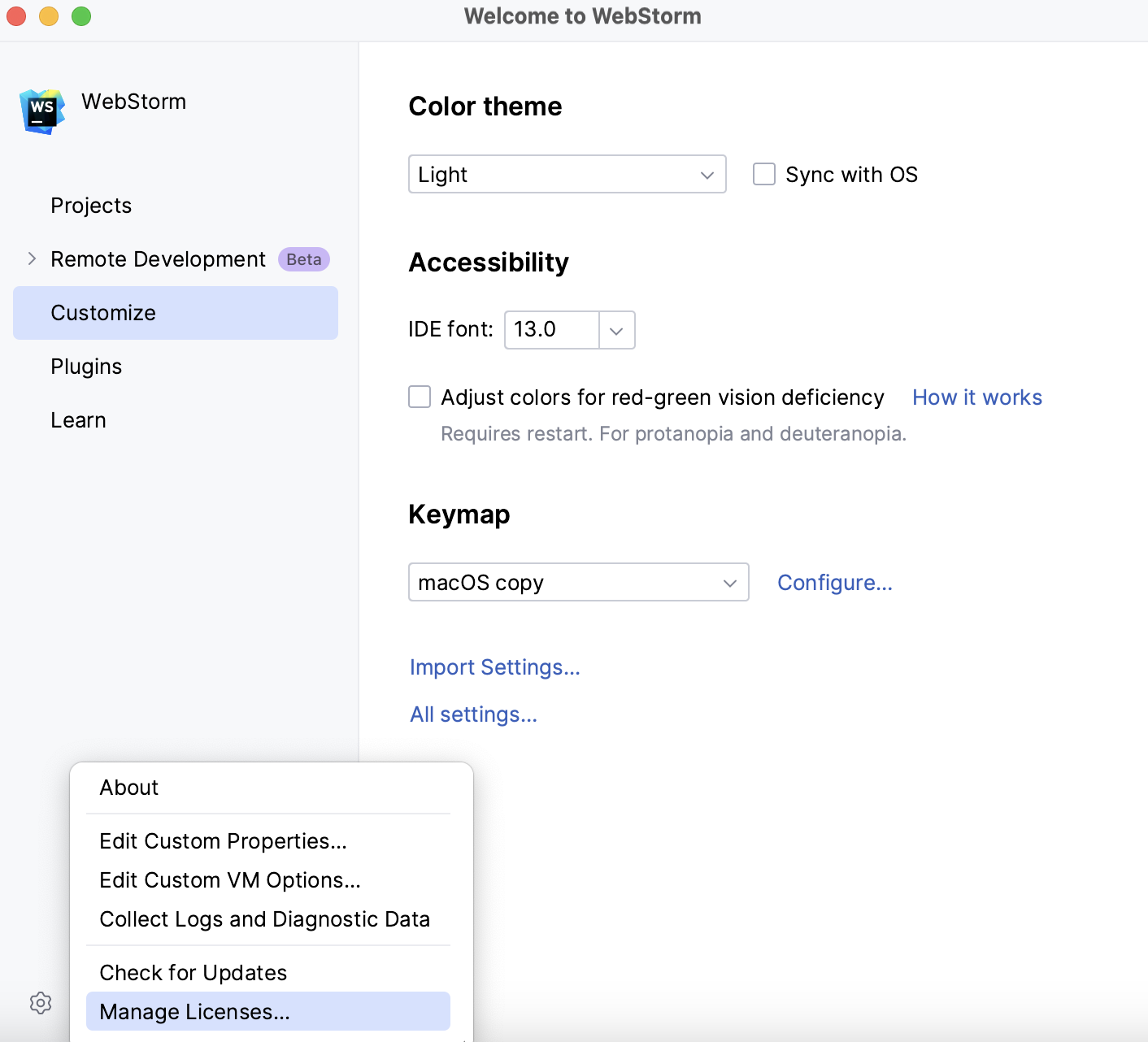 WebStorm: Licenses dialog