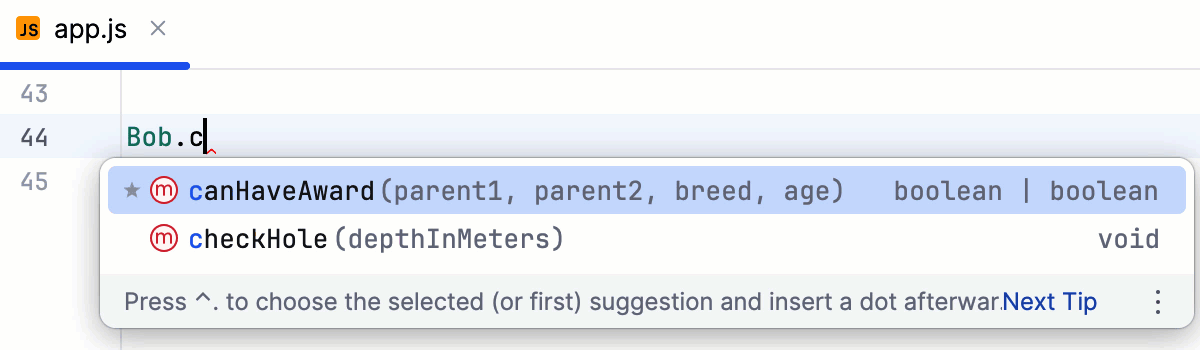 Showing parameter hints on completion