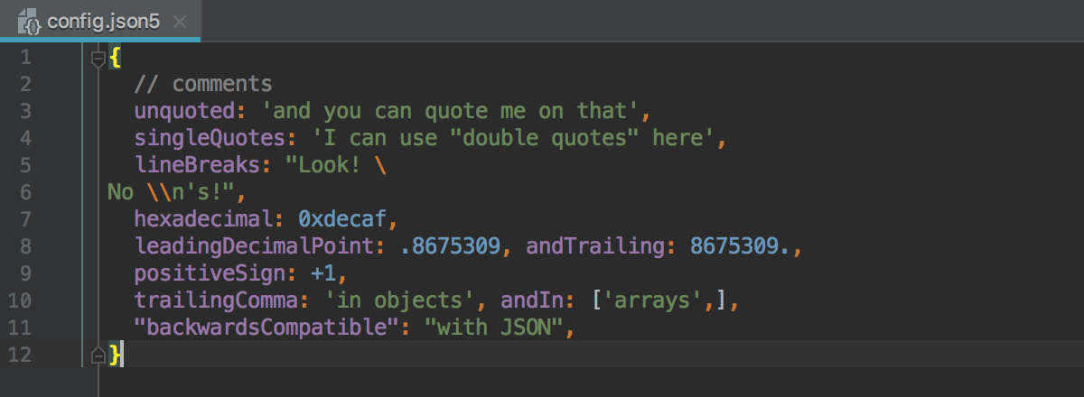 Configuration file that uses JSON5 with the default extension .json5