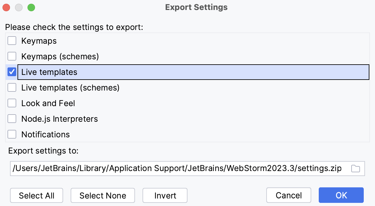 Export Settings dialog