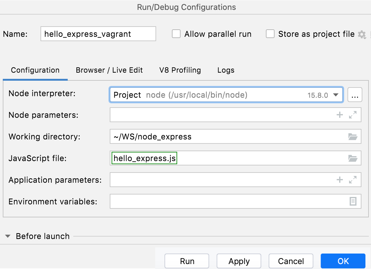 Node.js run/debug configuration: JavaScript file specified