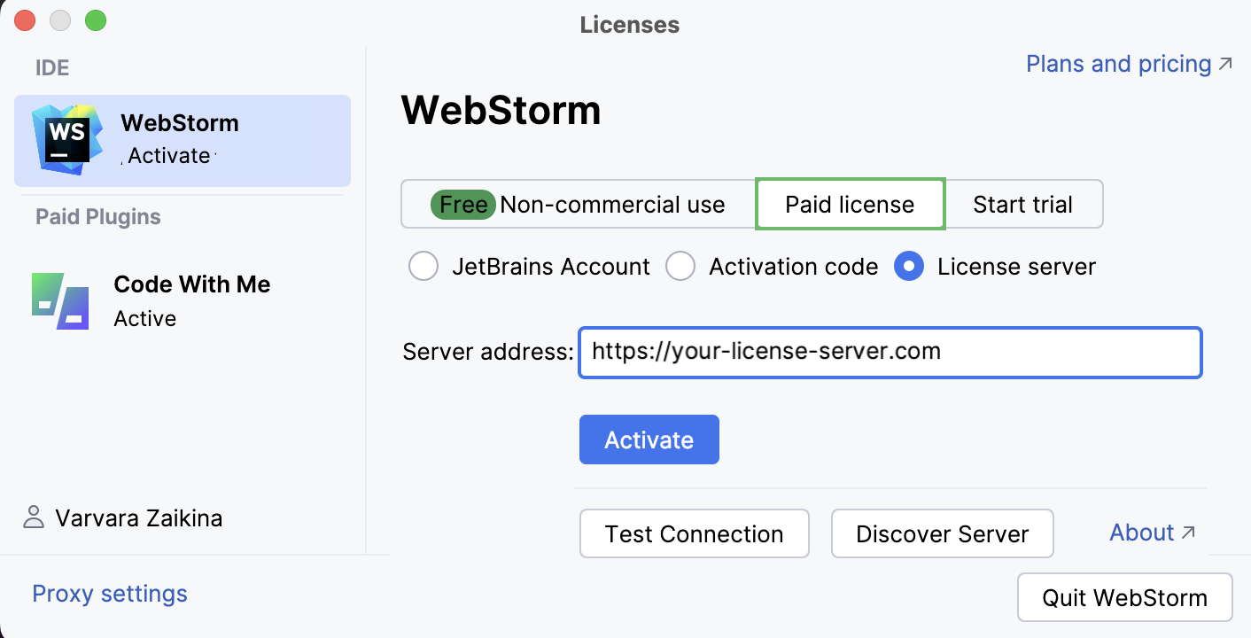 Activate WebStorm license with a license server