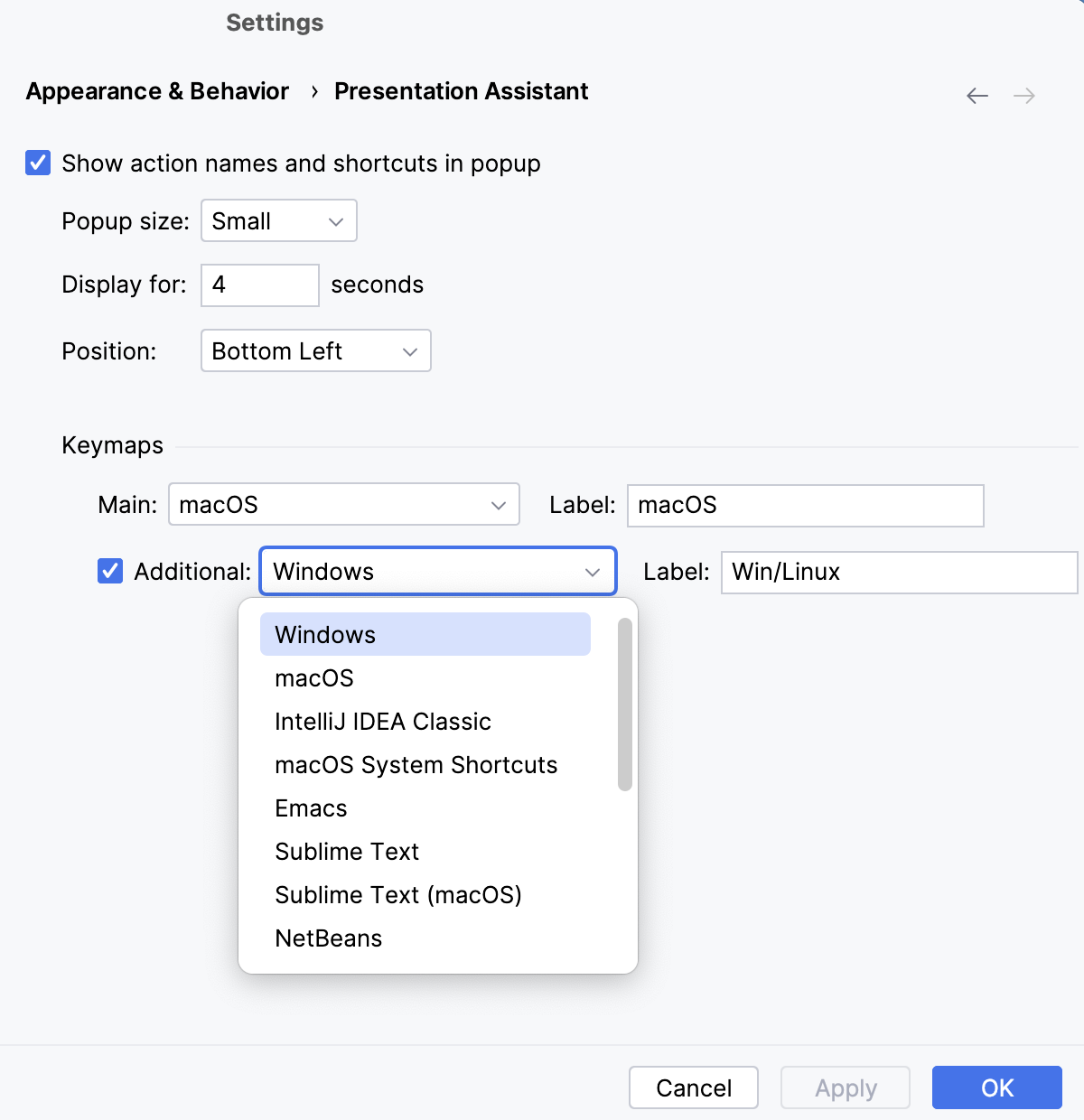 Select an additional keymap for Presentation Assistant