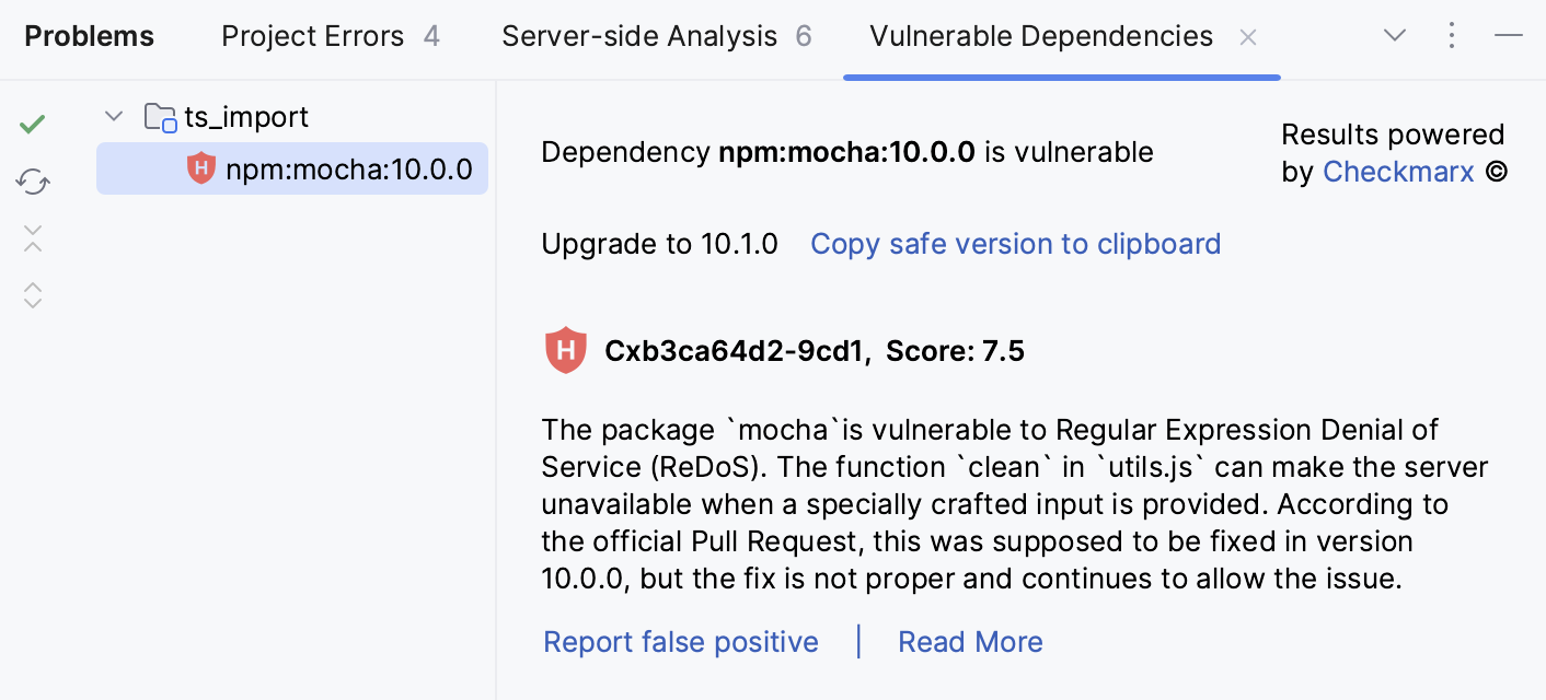 Problems tool window: Vulnerable Dependencies tab