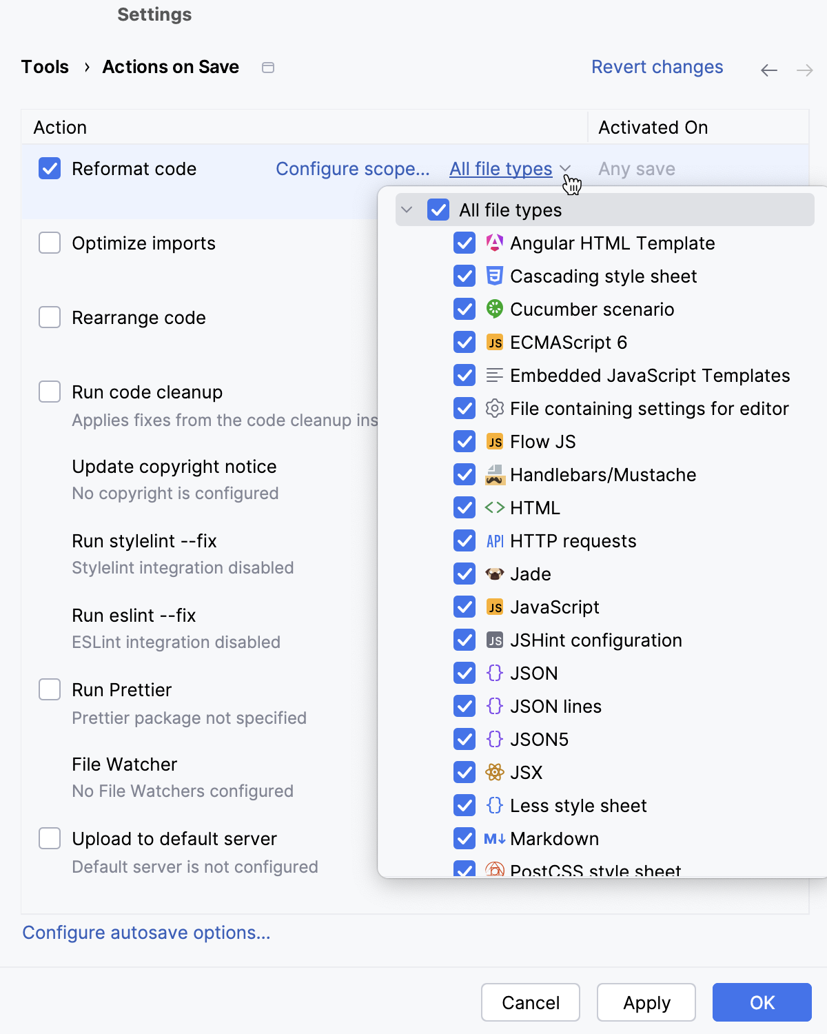 Reformat on save: specify file type