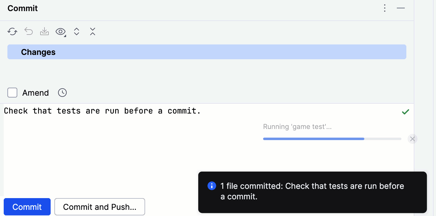 Non-modal commit dialog running a test