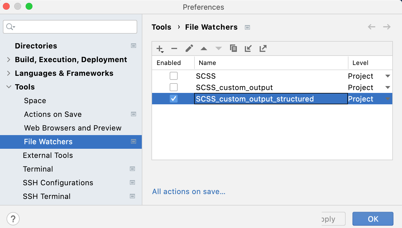 Custom output with folder structure: File Watcher saved and enabled