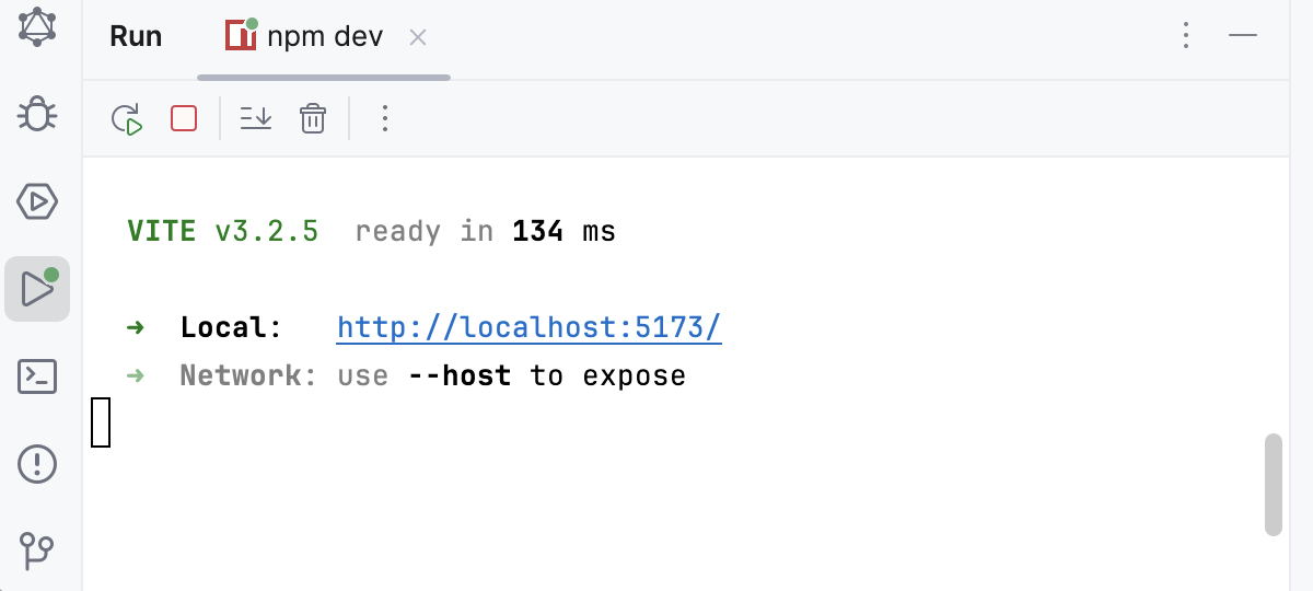 Run tool window shows the output of the npm dev command