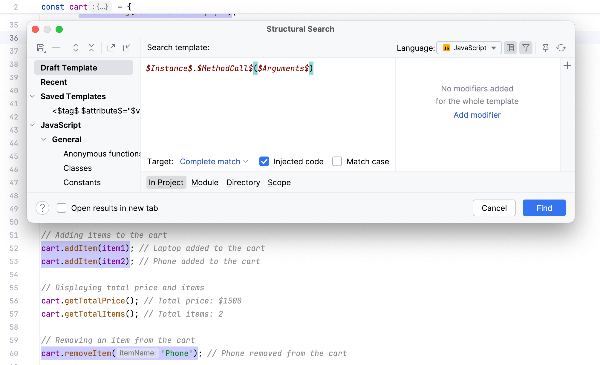 Search template for method calls